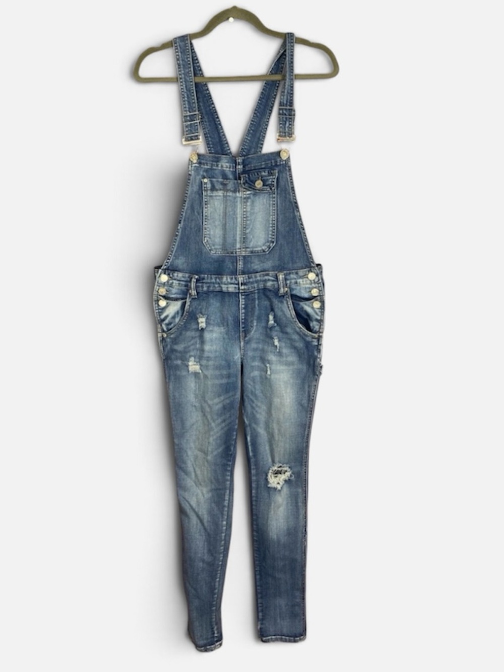Vintage Denim Distressed Skinny Leg Medium Wash Retro 90s Overalls Romper Sz M